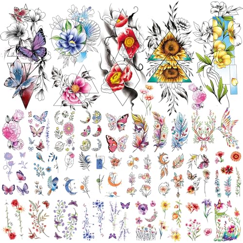 Acevegue 79 Blatt Bunte Temporäre Tattoos Set, Sexy Blumen Schmetterlinge Arm Hand Hals Fake Tattoos für Frauen Damen Mädchen, Wasserfeste Temporary Tattoos Zum Aufkleben Auf Die Haut Acevegue 79 Blatt Bunte Temporäre Tattoos Set, Sexy Blumen Schmetterlinge Arm Hand Hals Fake Tattoos für Frauen Damen Mädchen, Wasserfeste Temporary Tattoos Zum Aufkleben Auf Die Haut von Acevegue