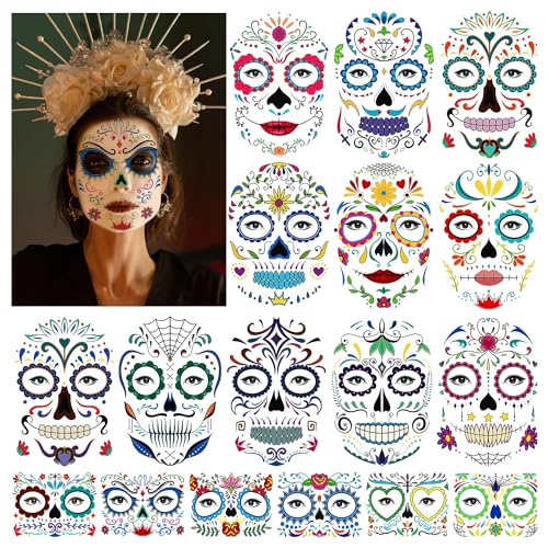 Acevegue Halloween Gesicht Tattoos set, 21 Blatt Zuckerschädel Temporäre Tattoos Stickers für Tag der Toten Make-up, Fake Tattoos Aufkleber Gesichtsaufkleber für Halloween Maskerade und Partys von Acevegue