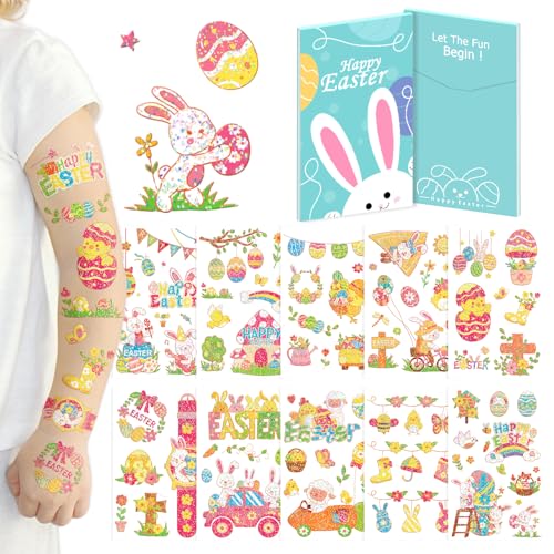Acevegue Ostern Tattoo Kinder, 15 Bögen Kindertattoos Glitzer Hautfreundlich Kleinigkeiten Ostergeschenke Kinder, Ostereier Aufkleber Oster Basteln Spielzeug Geschenke Deko with Schön Verpackt von Acevegue