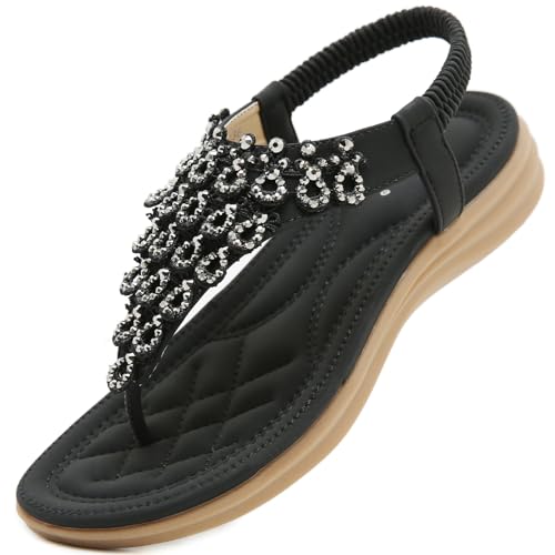 Acfoda Bohemia Sandalen Damen Sommerschuhe Flach mit Weiche Fussbett Bequeme Elegant Strand Sandaletten mit Strass Schwarz 37 von Acfoda