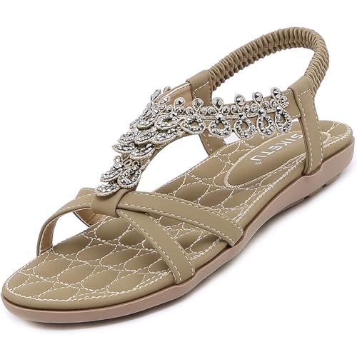 Acfoda Bohemia Sommerschuhe Damen Sandalen Flach mit Weiche Fussbett Bequeme Elegant Strand Sandaletten mit Strass Beige 36 EU von Acfoda