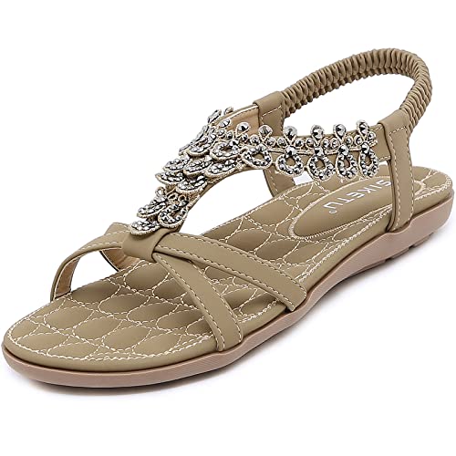 Acfoda Bohemia Sommerschuhe Damen Sandalen Flach mit Weiche Fussbett Bequeme Elegant Strand Sandaletten mit Strass Beige 43 EU = Herstellergröße 44 von Acfoda