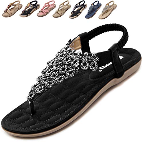 Acfoda Bohemia Zehentrenner Damen Sandalen Sommer Flach Sandaletten mit Strass Boho Flip Flops Sommerschuhe Zehensandalen Frauen Strand Schuhe Schwarz 39 EU = Herstellergröße 40 von Acfoda