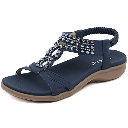 Acfoda Bohemian Sandalen Damen Sommer Flach Orthopädische Sandaletten Elegant Bequem Offene Sommerschuhe mit Strass und Weiches Fußbett Blau 42 EU von Acfoda