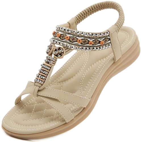 Acfoda Bohemian Sandalen Damen Sommer Flach Sandaletten Elegant Bequem Offene Sommerschuhe mit Strass und Weiches Fußbett Beige 41 von Acfoda