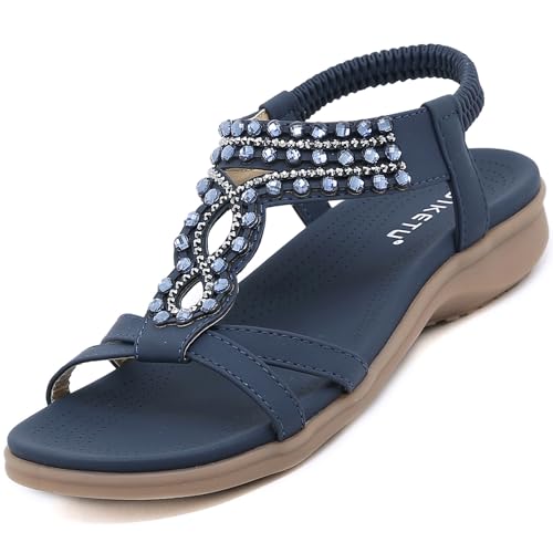 Acfoda Bohemian Sandalen Damen Sommer Flach Sandaletten Elegant Bequem Offene Sommerschuhe mit Strass und Weiches Fußbett Blau 39 EU von Acfoda