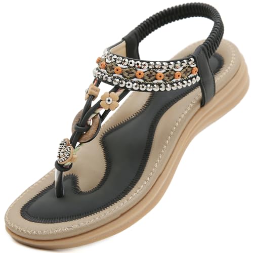 Acfoda Bohemian Sandalen Damen Sommer Zehentrenner Leder mit Weich Fußbett Flach Freizeit Flip Flops Frauen Outdoor Beach Schuhe Strand Sandaletten Schwarz 40 von Acfoda
