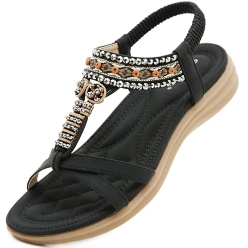 Acfoda Boho Sandalen Damen Sommer Elegant Flach Sandaletten Frauen Bequeme Offene Strass Sommerschuhe mit Weiches Fussbett Schwarz 37 von Acfoda