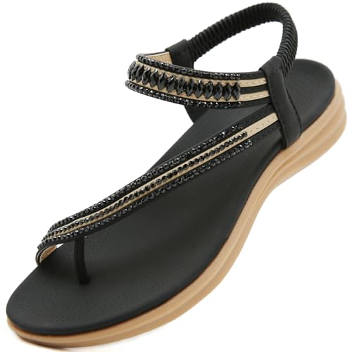 Acfoda Boho Sandalen Damen Sommer Elegant Flach Sandaletten Frauen Bequeme Offene Strass Sommerschuhe mit Weiches Fussbett Schwarz 38 von Acfoda