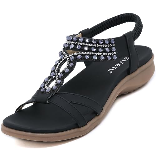 Acfoda Boho Sandalen Damen Sommer Schuhe Elegant Bequem Flache Offen Strass Sandaletten Frauen mit Weiche Fußbett Rutschfest Gummisohle Schwarz 39 EU von Acfoda
