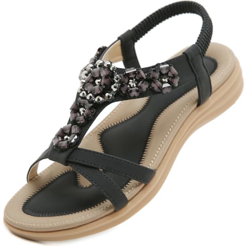 Acfoda Boho Sandalen Damen Sommer Schuhe Elegant Bequem Flache Offen Strass Sandaletten Frauen mit Weiche Fußbett Rutschfest Gummisohle Schwarz 42 von Acfoda