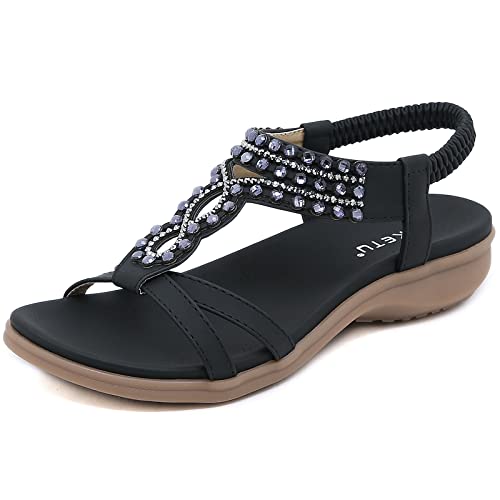 Acfoda Boho Sandalen Damen Sommer Schuhe Elegant Flache Bequem Offen Strass Sandaletten Frauen mit Weiche Fußbett Rutschfest Gummisohle Schwarz 40 EU von Acfoda