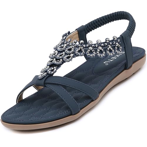 Acfoda Boho Sandalen Damen Sommer mit Weiches Fussbett Elegant Flach Sandaletten Frauen Bequeme Offene Strass Sommerschuhe PU Leder Blau 37 EU von Acfoda