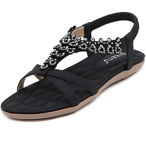 Acfoda Boho Sandalen Damen Sommer mit Weiches Fussbett Elegant Flach Sandaletten Frauen Bequeme Offene Strass Sommerschuhe PU Leder Schwarz 41 EU = Herstellergröße 42 von Acfoda