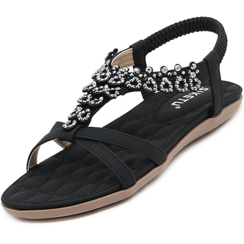Acfoda Boho Sandalen Damen Sommer mit Weiches Fussbett Elegant Flach Sandaletten Frauen Bequeme Offene Strass Sommerschuhe PU Leder Schwarz 41 EU = Herstellergröße 42 von Acfoda
