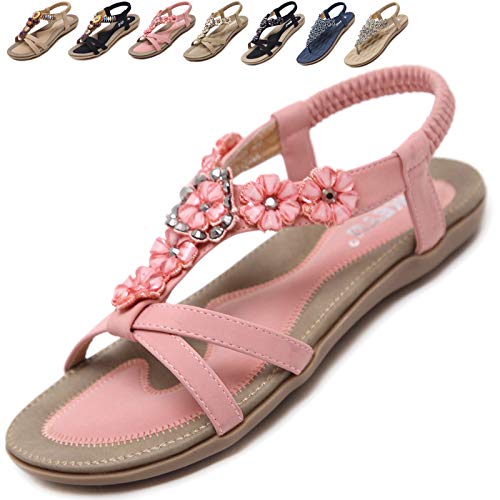 Acfoda Damen Sandalen Sommer mit Blumen Strass Bohemian Sandaletten Flach Offene Sommerschuhe Frauen mit Weiches Fußbett Outdoor Freizeit Strand Schuhe Rosa 44 EU = Herstellergröße 45 von Acfoda