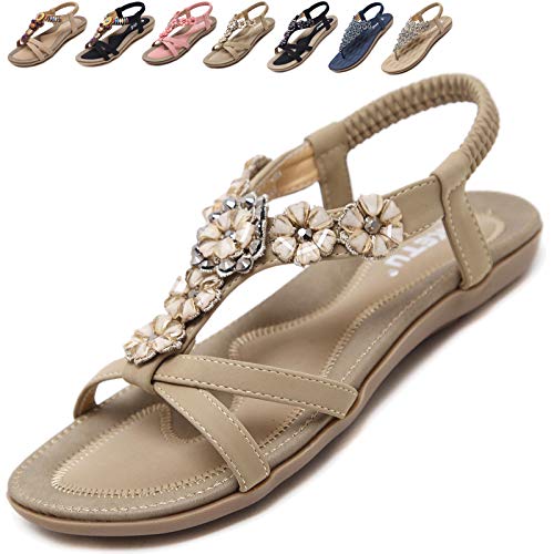Acfoda Damen Sandalen Sommer mit Strass Bohemian Sandaletten Flach Offene Sommerschuhe Frauen mit Weiches Fußbett Outdoor Freizeit Strand Schuhe Beige 35 von Acfoda