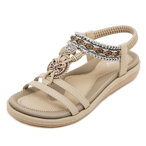 Acfoda Damen Sandalen Sommer mit Strass Bohemian Sandaletten Flach Offene Sommerschuhe Frauen mit Weiches Fußbett Outdoor Freizeit Strand Schuhe Beige 36 EU = 37 CN von Acfoda