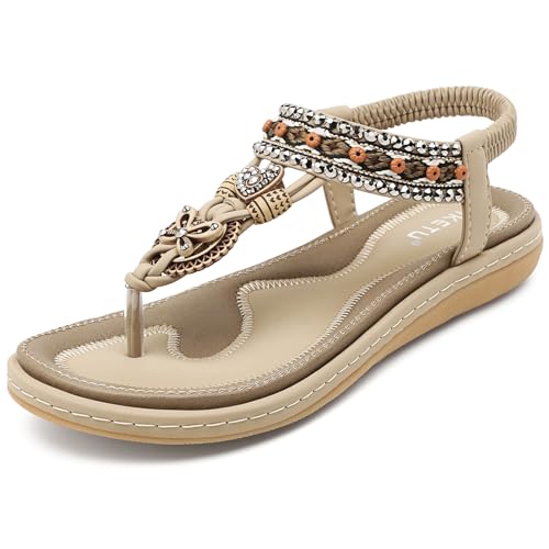 Acfoda Damen Sandalen Sommer mit Strass Bohemian Sandaletten Flach Offene Sommerschuhe Frauen mit Weiches Fußbett Outdoor Freizeit Strand Schuhe Beige 36 von Acfoda
