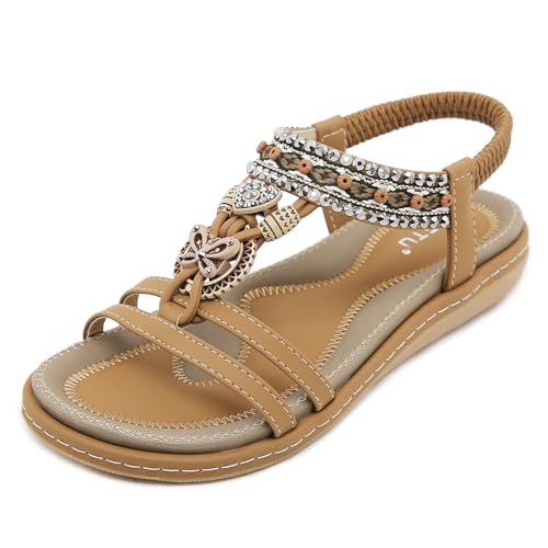 Acfoda Damen Sandalen Sommer mit Strass Bohemian Sandaletten Flach Offene Sommerschuhe Frauen mit Weiches Fußbett Outdoor Freizeit Strand Schuhe Braun 35 EU = 36 CN von Acfoda