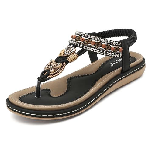 Acfoda Damen Sandalen Sommer mit Strass Bohemian Sandaletten Flach Offene Sommerschuhe Frauen mit Weiches Fußbett Outdoor Freizeit Strand Schuhe Schwarz 39 von Acfoda