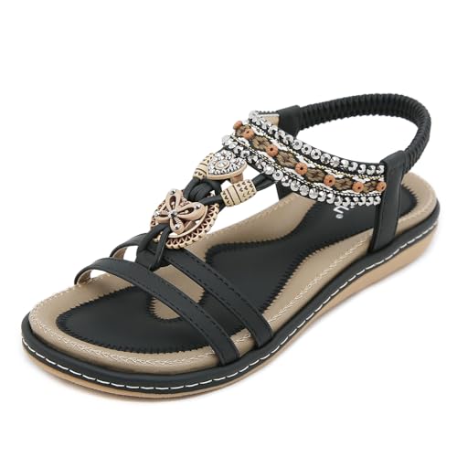 Acfoda Damen Sandalen Sommer mit Strass Bohemian Sandaletten Flach Offene Sommerschuhe Frauen mit Weiches Fußbett Outdoor Freizeit Strand Schuhe Schwarz 42 EU von Acfoda