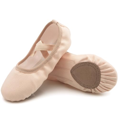 Acfoda Flache Ballett Schläppchen Mädchen Canvas Tanzschuhe Kinder Ballettschuhe Weich Verstellbar Ballerinas Gymnastik Schuhe mit rutschfest Sohle Beige Gr.23 von Acfoda
