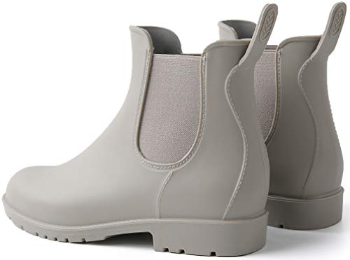 Acfoda Gummistiefel Damen Kurzschaft Regenstiefel Frauen Wasserdicht Lack Regen Schuhe Ankle Chelsea Boots Gummi Stiefeletten mit Blockabsatz Grau Gr.36 von Acfoda