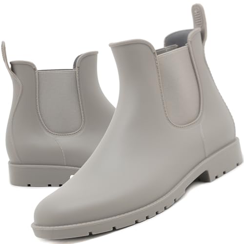 Acfoda Gummistiefel Damen Kurzschaft Regenstiefel Frauen Wasserdicht Lack Regen Schuhe Ankle Chelsea Boots Gummi Stiefeletten mit Blockabsatz Grau Gr.36 von Acfoda