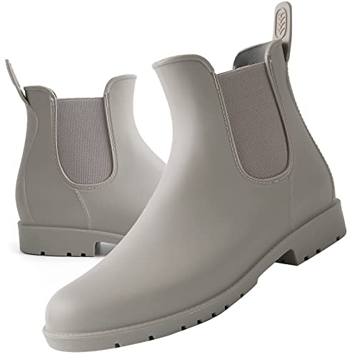 Acfoda Gummistiefel Damen Kurzschaft Regenstiefel Frauen Wasserdicht Lack Regen Schuhe Ankle Chelsea Boots Gummi Stiefeletten mit Blockabsatz Grau Gr.38 von Acfoda