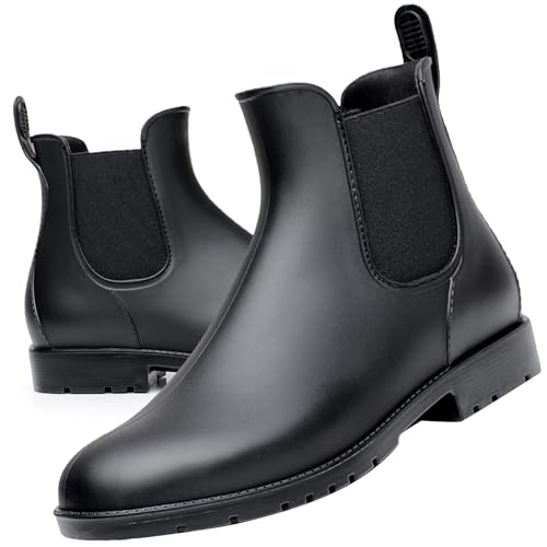 Acfoda Gummistiefel Damen Kurzschaft Regenstiefel Herren Wasserdicht Lack Regen Schuhe Ankle Chelsea Boots Gummi Stiefeletten mit Blockabsatz Schwarz Gr.43 von Acfoda