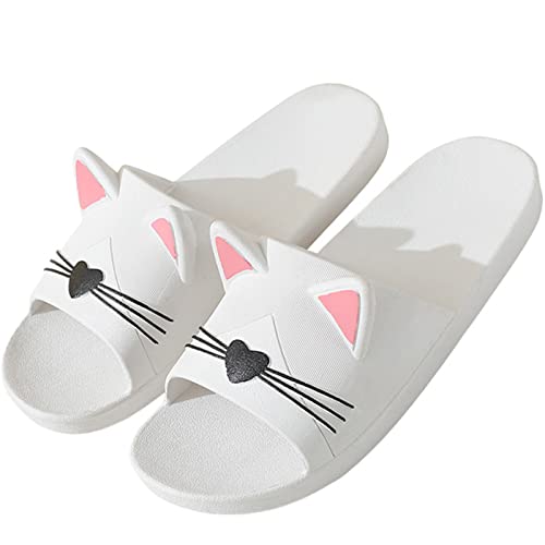 Acfoda Katzen Hausschuhe Damen Sommer Flache rutschfest Badelatschen Frauen Slide Dusch Badeschuhe Leichte Weiche Schlappen Pantoffeln Strand Sandalen Weiß 39/40 EU = Herstellergröße 40/41 von Acfoda