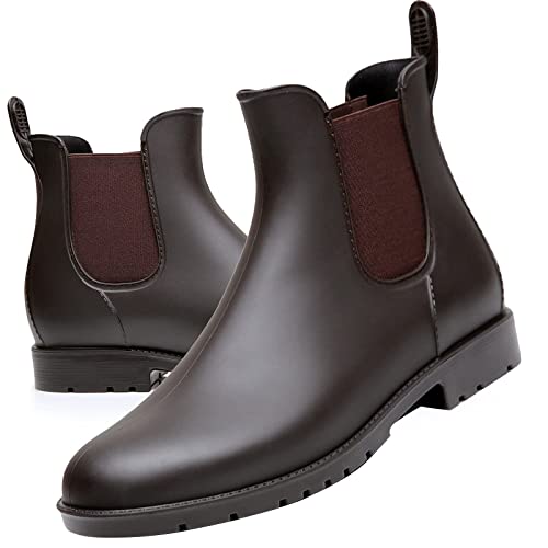 Acfoda Kurze Damen Gummistiefel Herren Regenstiefel Wasserdicht Lack Regen Schuhe Ankle Chelsea Boots Gummi Stiefel mit Blockabsatz Braun Gr.38 von Acfoda