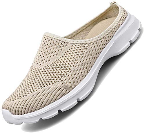 Acfoda Leicht Mesh Sabots Damen Slip On Hausschuhe Sommer Geschlossen Pantoletten Atmungsaktive Pantoffeln Flach rutschfest Sport Schlappen Outdoor Slipper mit Einlegesohlen Beige 37 von Acfoda