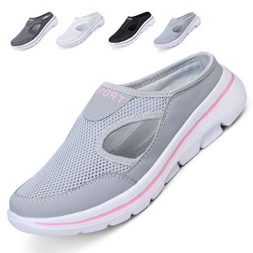 Acfoda Leicht Slip On Hausschuhe Damen Sommer Clogs Geschlossen Pantoletten Mesh Atmungsaktive Pantoffeln Flach Rutschfest Haus Schlappen Outdoor Sabot Slipper mit Einlegesohlen Grau 36 von Acfoda