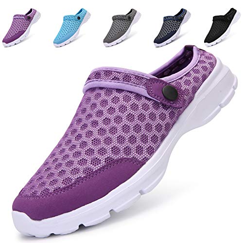 Acfoda Leichte Atmungsaktive Sabots Pantoletten Damen mit Fußbett Slip On Hausschuhe Sommer Pantoffeln Outdoor Sports Freizeit Walking Schuhe Hinten Offen mit Antirutsch Foam Sohle Violett 42 von Acfoda