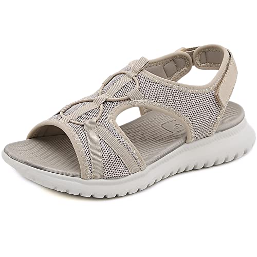Acfoda Mesh Sandalen Damen Sommer mit Klettverschluss Leichte Bequem Flach Offene Arch Support Sommerschuhe Frauen Verstellbare Weiches Fußbett Orthopädische Sandaletten Outdoor Sport Casual Beige 42 von Acfoda