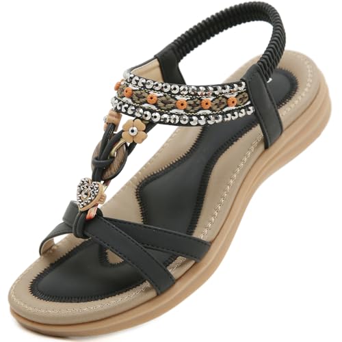 Acfoda Offene Sandalen Damen Sommer Schuhe mit Blumen Strass Flach Bohemian Sandaletten Frauen mit Weiche Fussbett Outdoor Freizeit Beach Strandschuhe Schwarz 42 von Acfoda