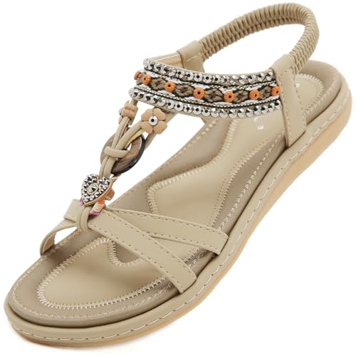 Acfoda Offene Sandalen Damen Sommer Schuhe mit Strass Flach Bohemian Sandaletten Frauen mit Weiche Fussbett Outdoor Freizeit Beach Strandschuhe Beige 37 von Acfoda