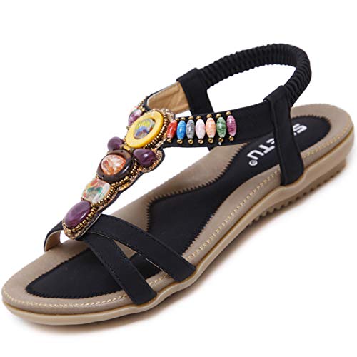 Acfoda Offene Sandalen Damen Sommer Schuhe mit Strass Flach Bohemian Sandaletten Frauen mit Weiches Fussbett Outdoor Freizeit Strandschuhe, A Schwarz, 39 EU von Acfoda