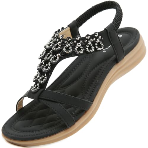 Acfoda Offene Sandalen Damen Sommer Schuhe mit Strass Flach Bohemian Sandaletten Frauen mit Weiches Fussbett Outdoor Freizeit Strandschuhe Schwarz 36 von Acfoda