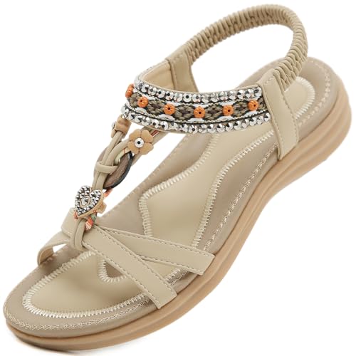 Acfoda Offene Sandalen Damen Sommer mit Blumen Strass Flach Bohemian Sandaletten Frauen mit Weiche Fußbett Outdoor Freizeit Strand Schuhe Beige 39 von Acfoda