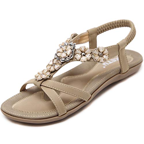 Acfoda Offene Sandalen Damen Sommer mit Blumen Strass Flach Bohemian Sandaletten Frauen mit Weiches, 41 EU, F Beige von Acfoda