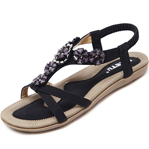 Acfoda Offene Sandalen Damen Sommer mit Blumen Strass Flach Bohemian Sandaletten Frauen mit Weiches Fußbett, 41 EU, F Schwarz von Acfoda