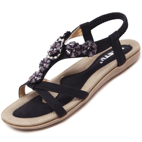Offene Sandalen Damen Sommer mit Blumen Strass Flach Bohemian Sandaletten Frauen mit Weiches Fußbett Outdoor Freizeit Strand Schuhe Schwarz 44 EU = Herstellergröße 45 von Acfoda