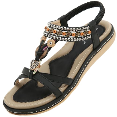 Acfoda Offene Sandalen Damen Sommer mit Strass Flach Bohemian Sandaletten Frauen mit Weiche Fußbett Outdoor Freizeit Strand Schuhe Schwarz 42 von Acfoda