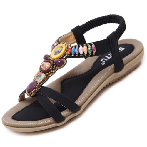 Acfoda Offene Sandalen Damen Sommer mit Strass Flach Bohemian Sandaletten Frauen mit Weiches FuAybett Outdoor Freizeit Strand Schuhe, SchwarzA Schwarz, 40 EU von Acfoda