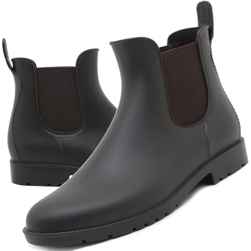 Acfoda Regenstiefel Damen Kurze Gummistiefel Herren Wasserdicht Lack Regen Schuhe Ankle Chelsea Boots Gummi Stiefel mit Blockabsatz Braun Gr.43 von Acfoda