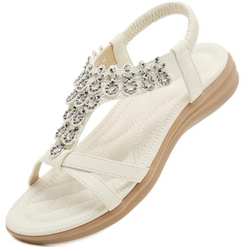 Acfoda Sandalen Damen Flach Strass Sommerschuhe Elegant Bohemian Offene Sandaletten Frauen mit Weiches Fußbett Outdoor Freizeit Beach Strand Schuhe Weiß 38 von Acfoda