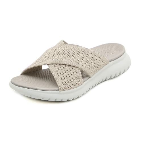 Acfoda Sandalen Damen Sommer Bequeme Pantoletten Leichte Hausschuhe Weiche Latschen Casual Schlappen Elegant Slipper Hausschlappen Sandale mit Fussbett Beige 36 von Acfoda